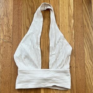 Callahan Cream Ribbed Halter Crop Top
